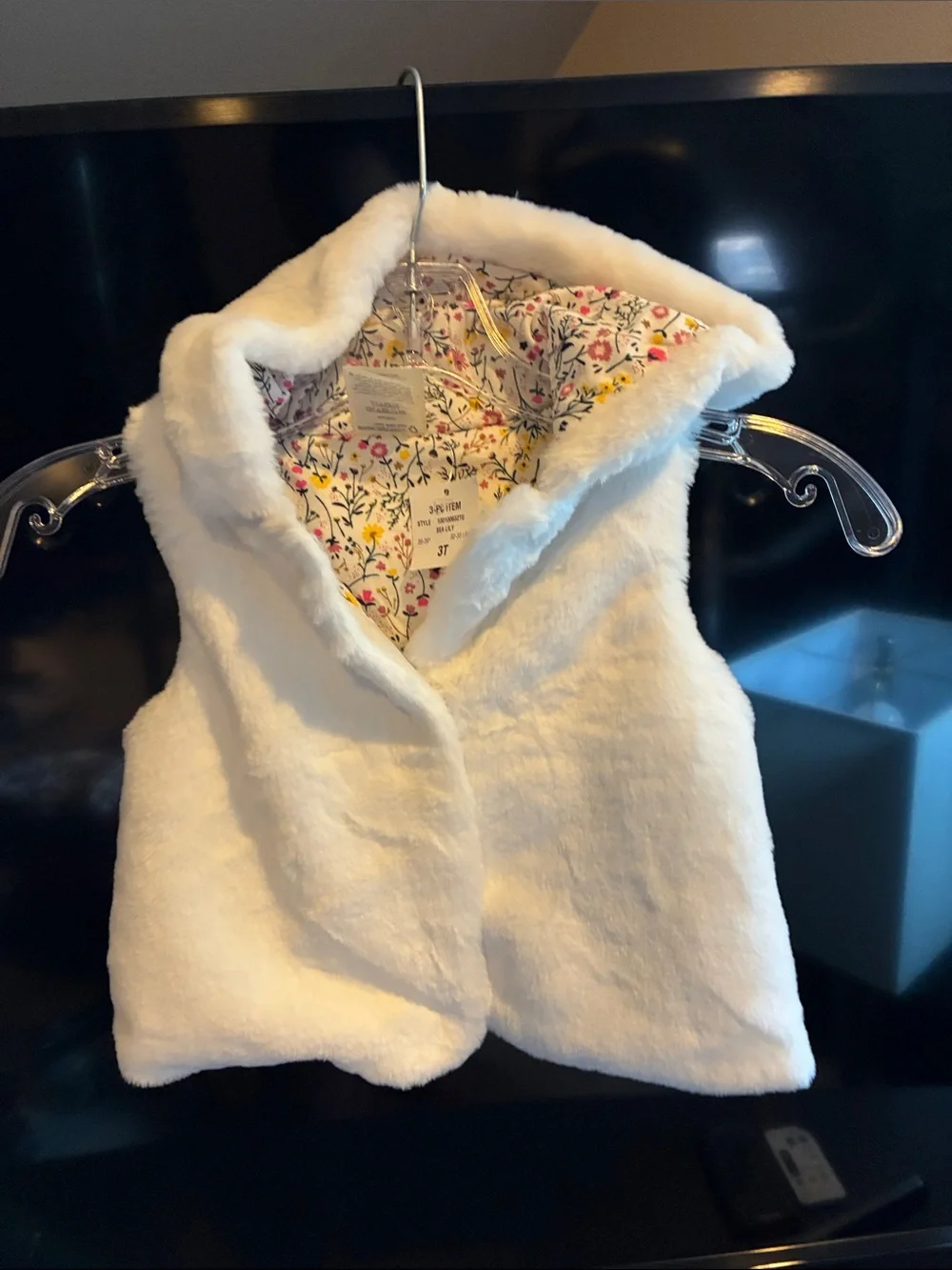 White Faux Fur Hooded Vest with Floral Lining